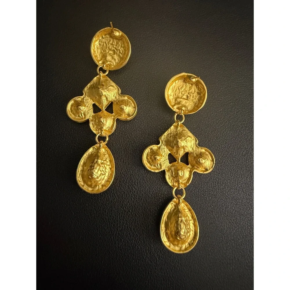 Rhinestone Earrings Mogul Dangle Gold Tone Teal Blue